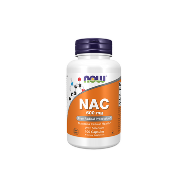 A white bottle of Now Foods N-Acetyl Cysteine 600 mg, containing 100 capsules for antioxidant support and cellular health, is displayed against a plain white background.